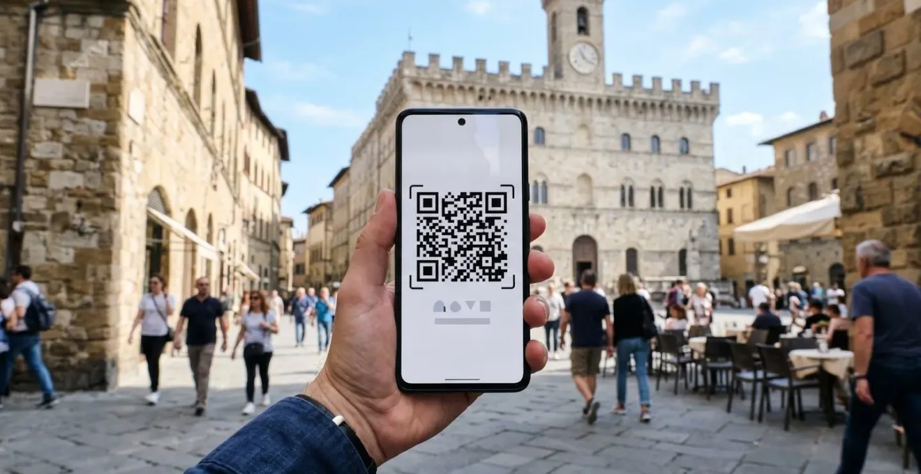 Extreme close-up macro shot of a QR code displayed on a modern smartphone screen, with a soft-focus historic Italian building facade creating beautiful bokeh in the background