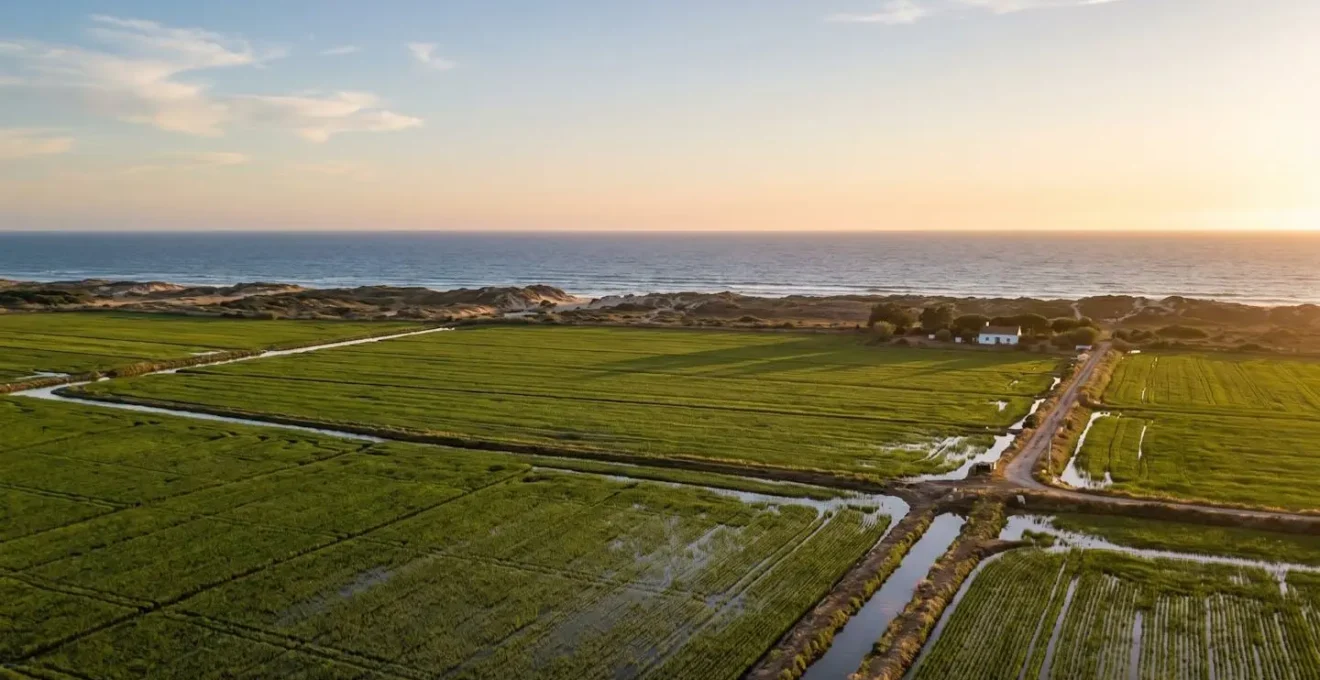 Wide view of Melides landscape showing golden rice paddies in foreground transitioning to Atlantic Ocean horizon under warm late afternoon light