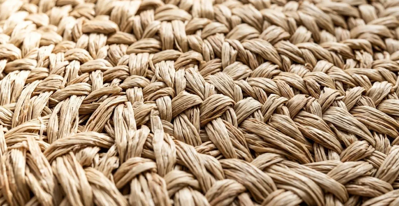 Extreme close-up of woven natural fibre material showing detailed texture of organic reed or straw surface with shallow depth of field