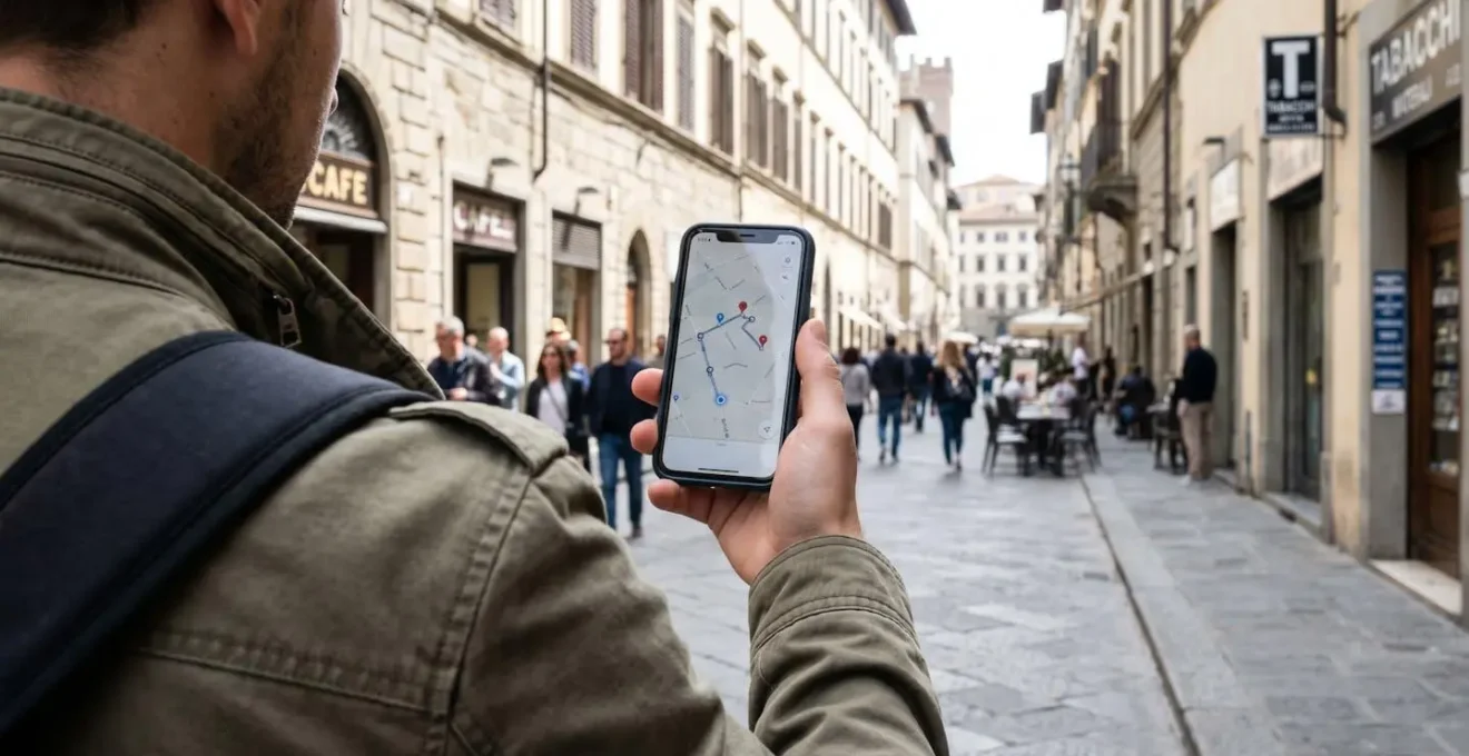 Over-the-shoulder view of a traveler's hand holding a smartphone displaying a route map with location pins, blurred Italian city street in soft focus background
