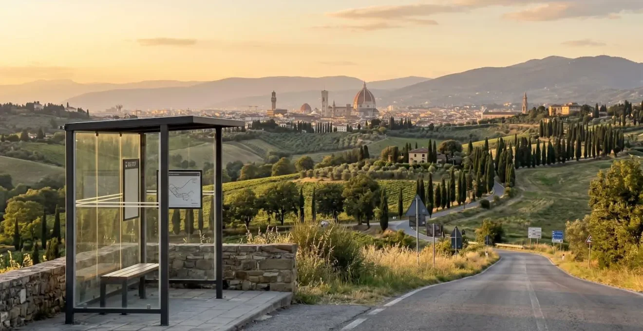 Wide panoramic view of rolling Tuscan hills with Florence's Duomo visible in the distant skyline, a clean modern bus shelter in the foreground under warm golden hour lighting