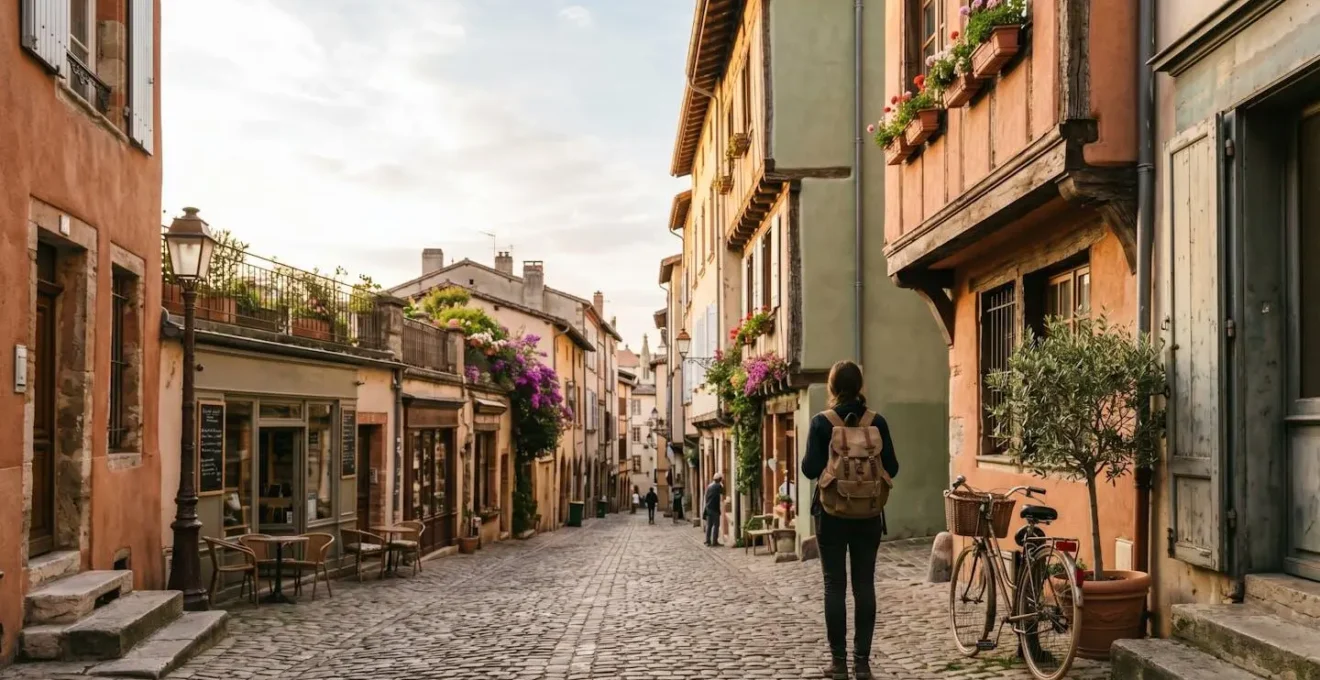 A person discovering a vibrant local neighborhood street with small independent shops and cafes