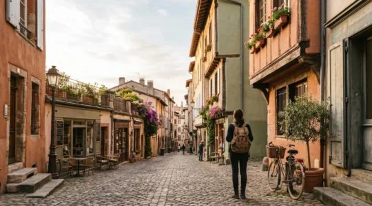 A person discovering a vibrant local neighborhood street with small independent shops and cafes