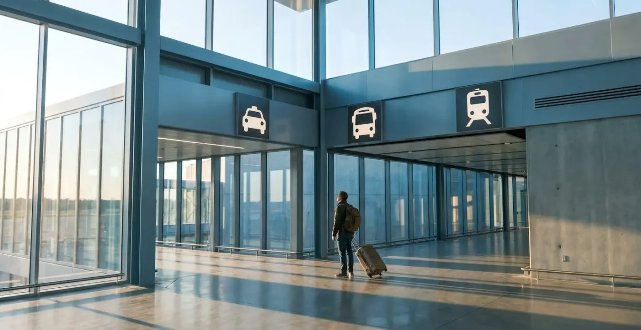 Wide-angle airport terminal with travelers at decision crossroads between multiple ground transportation options