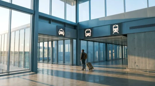 Wide-angle airport terminal with travelers at decision crossroads between multiple ground transportation options