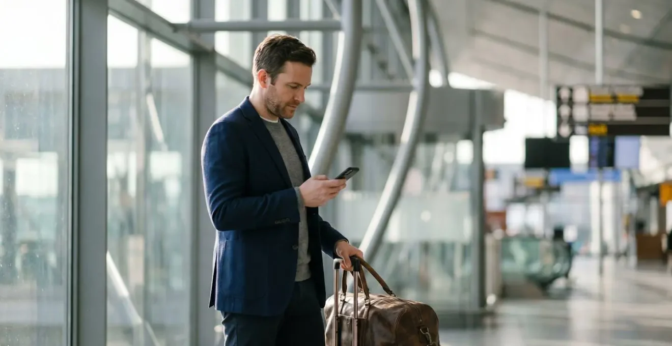 Business traveler comparing transportation options at modern airport terminal