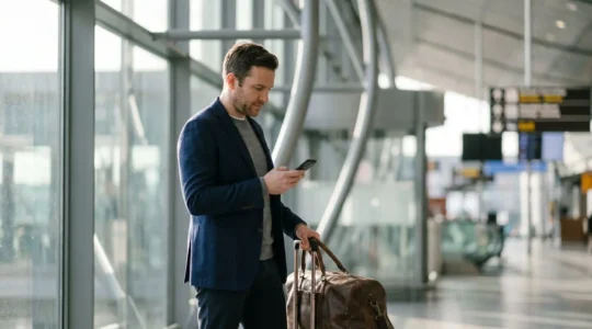 Business traveler comparing transportation options at modern airport terminal