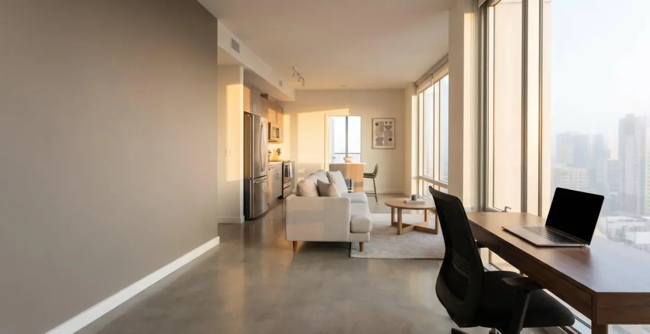 Modern aparthotel suite with separate living and work areas showcasing extended stay amenities
