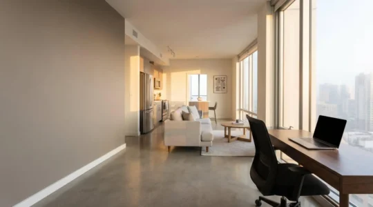 Modern aparthotel suite with separate living and work areas showcasing extended stay amenities