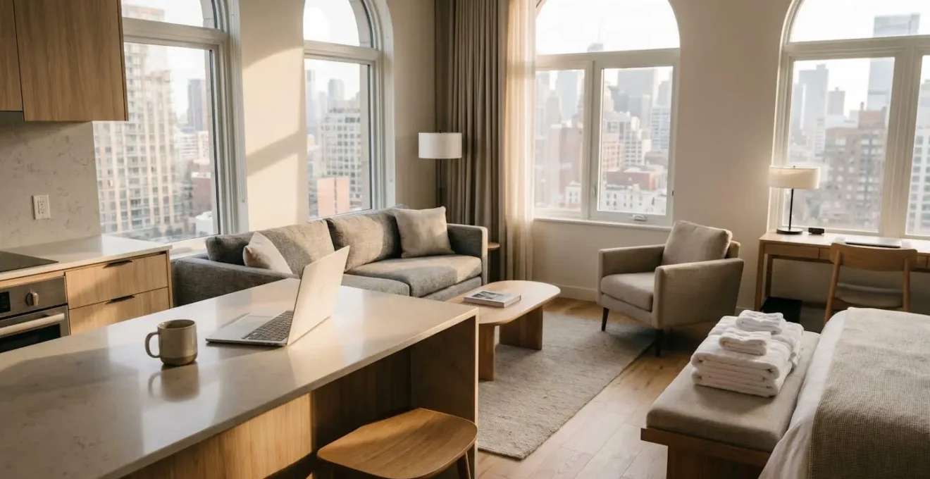 Modern traveler contemplating accommodation choice in contemporary urban setting