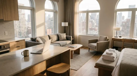 Modern traveler contemplating accommodation choice in contemporary urban setting
