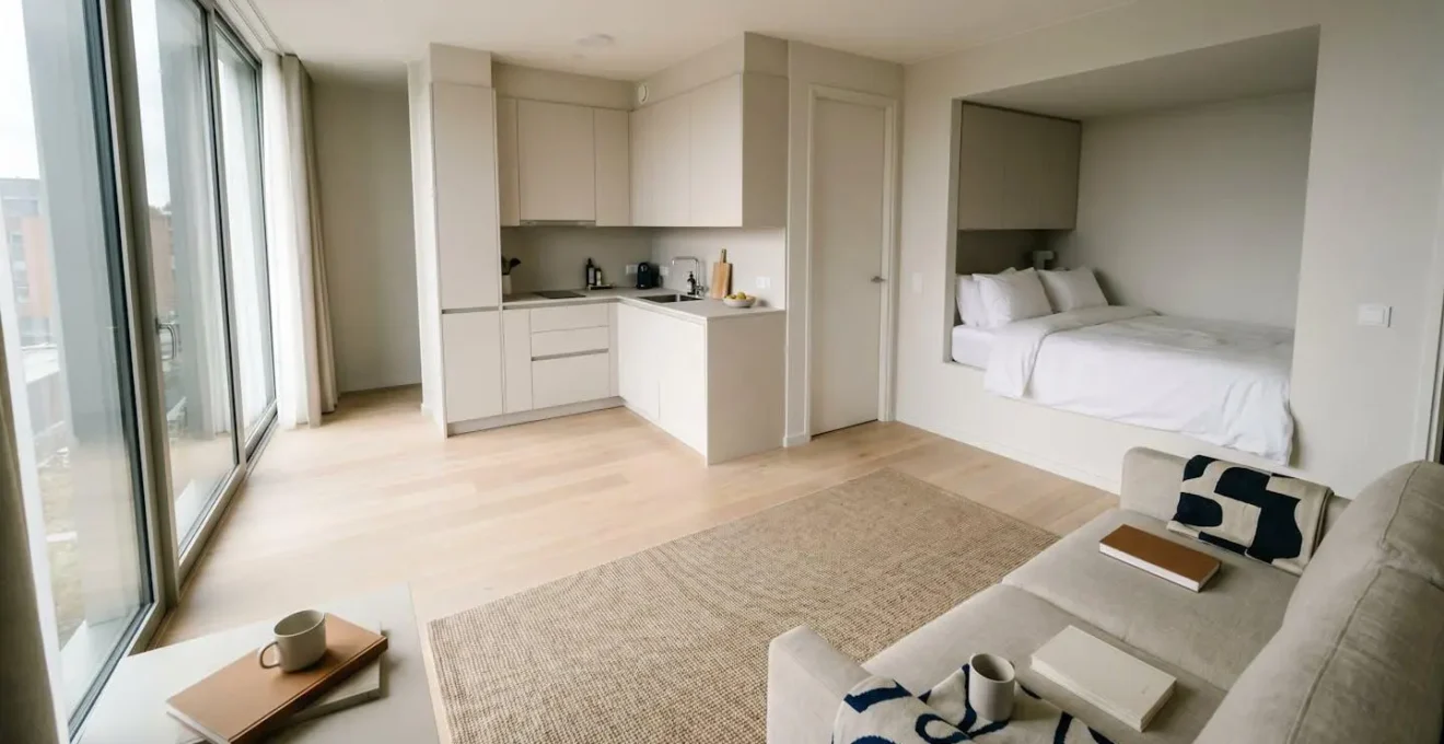 Modern aparthotel studio interior showcasing efficient spatial layout with defined living zones and natural light flow