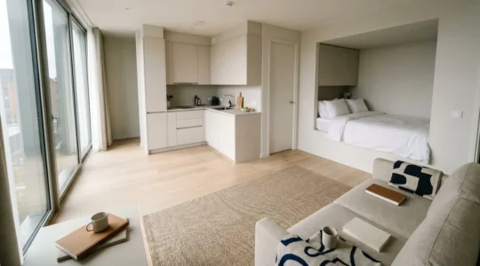 Modern aparthotel studio interior showcasing efficient spatial layout with defined living zones and natural light flow