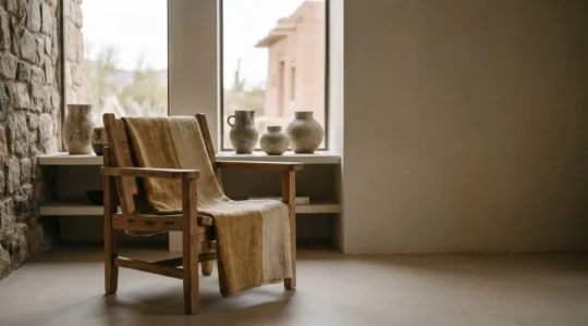 Intimate hotel interior showcasing traditional regional craftsmanship through natural materials and artisan details