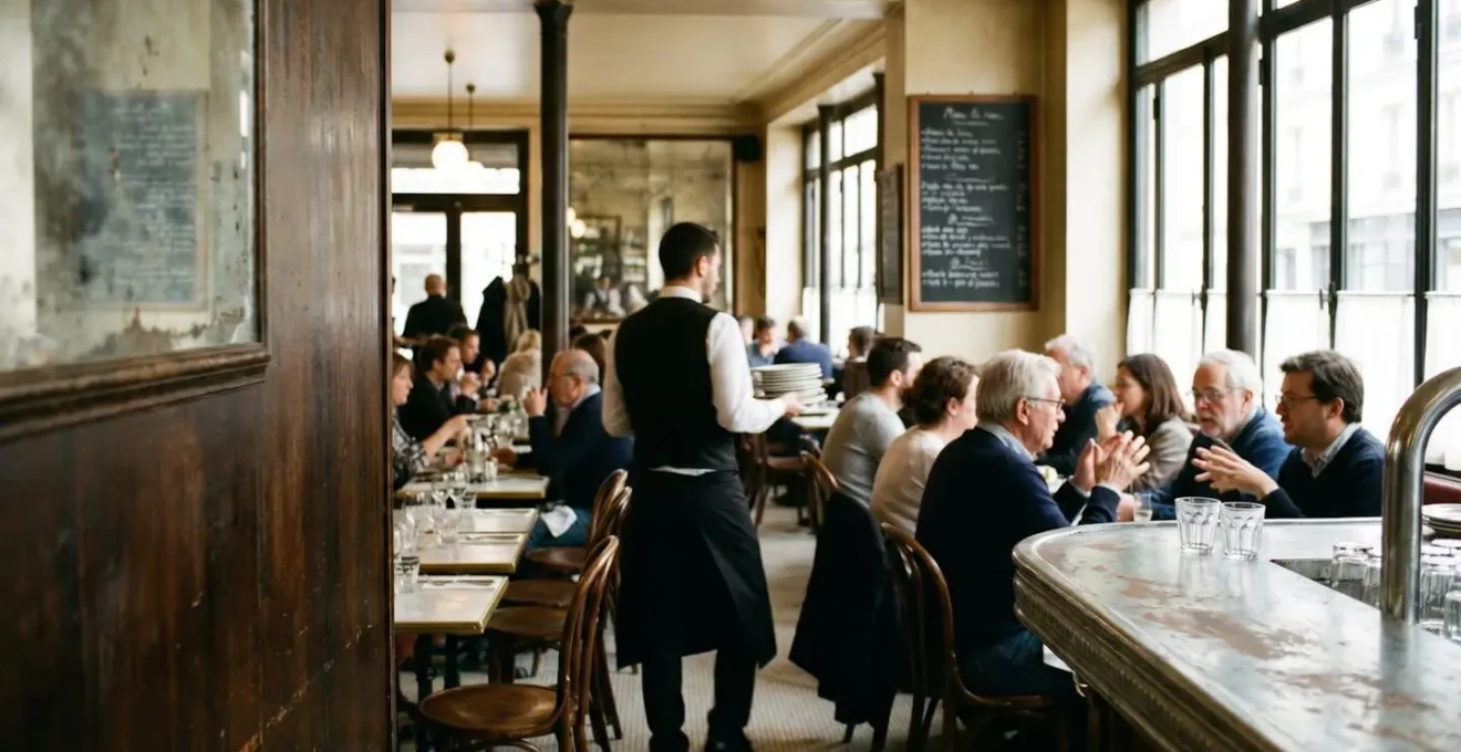Comparison of authentic Parisian brasserie atmosphere with genuine local patrons versus tourist-oriented replica establishment