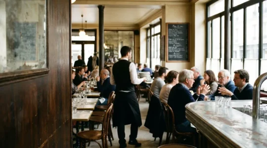 Comparison of authentic Parisian brasserie atmosphere with genuine local patrons versus tourist-oriented replica establishment