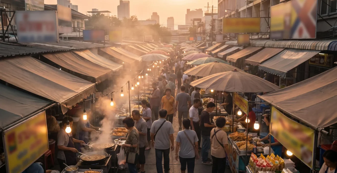 Bangkok street market at evening with busy food stalls and local vendors