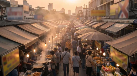 Bangkok street market at evening with busy food stalls and local vendors