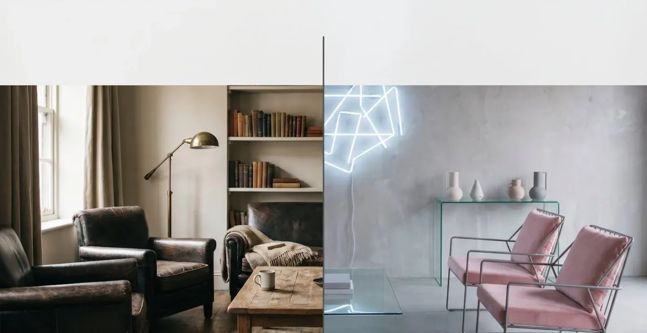 Split composition showing authentic boutique hotel details versus manufactured Instagram-first design elements