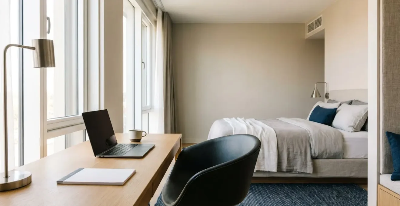 Professional business traveler working efficiently in a modern hotel room with optimized workspace layout