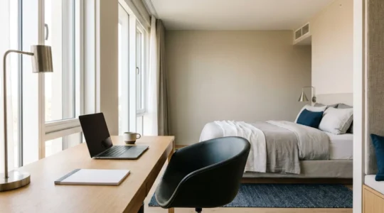Professional business traveler working efficiently in a modern hotel room with optimized workspace layout