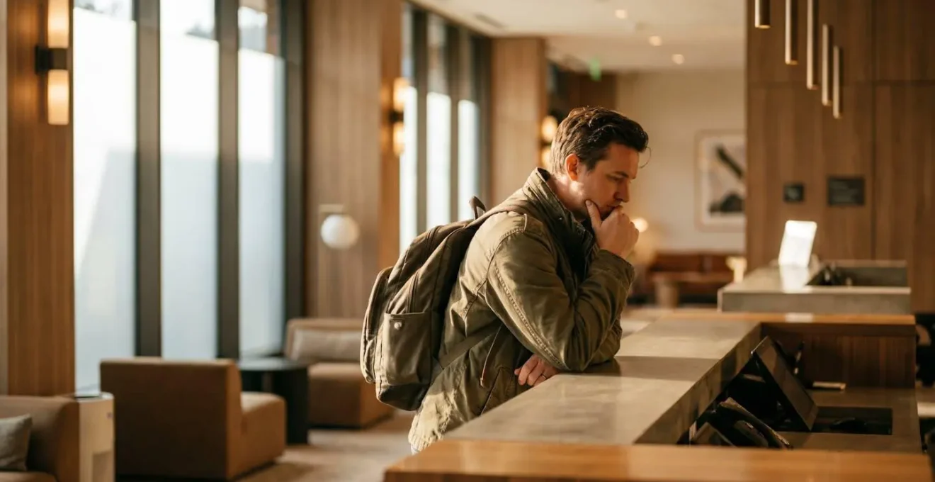 Traveler contemplating hotel room options with luggage in modern hotel lobby setting