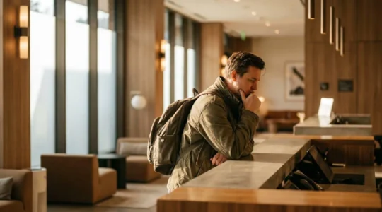 Traveler contemplating hotel room options with luggage in modern hotel lobby setting