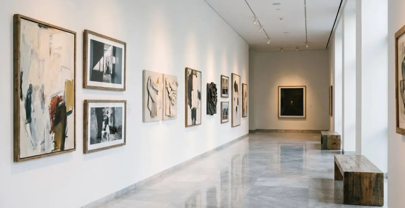 Sophisticated hotel gallery wall showcasing authentic contemporary artworks in natural museum lighting
