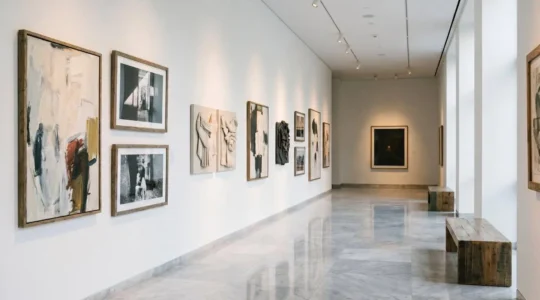 Sophisticated hotel gallery wall showcasing authentic contemporary artworks in natural museum lighting