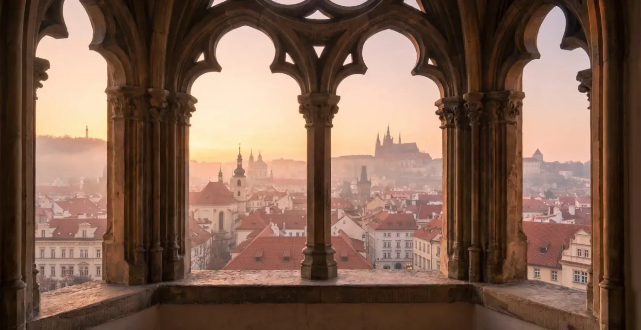 Atmospheric dawn view through gothic arched hotel window overlooking Prague's historic spires and terracotta rooftops
