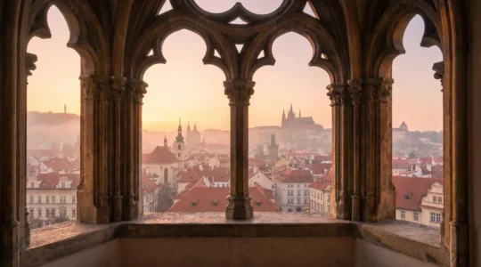 Atmospheric dawn view through gothic arched hotel window overlooking Prague's historic spires and terracotta rooftops