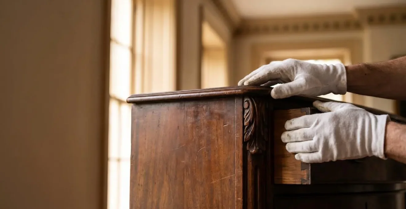 Professional examining ornate antique wooden furniture piece in historic hotel setting with natural lighting