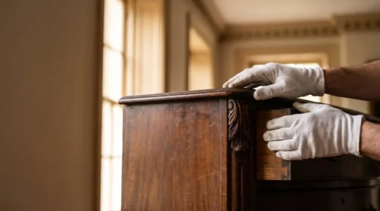 Professional examining ornate antique wooden furniture piece in historic hotel setting with natural lighting