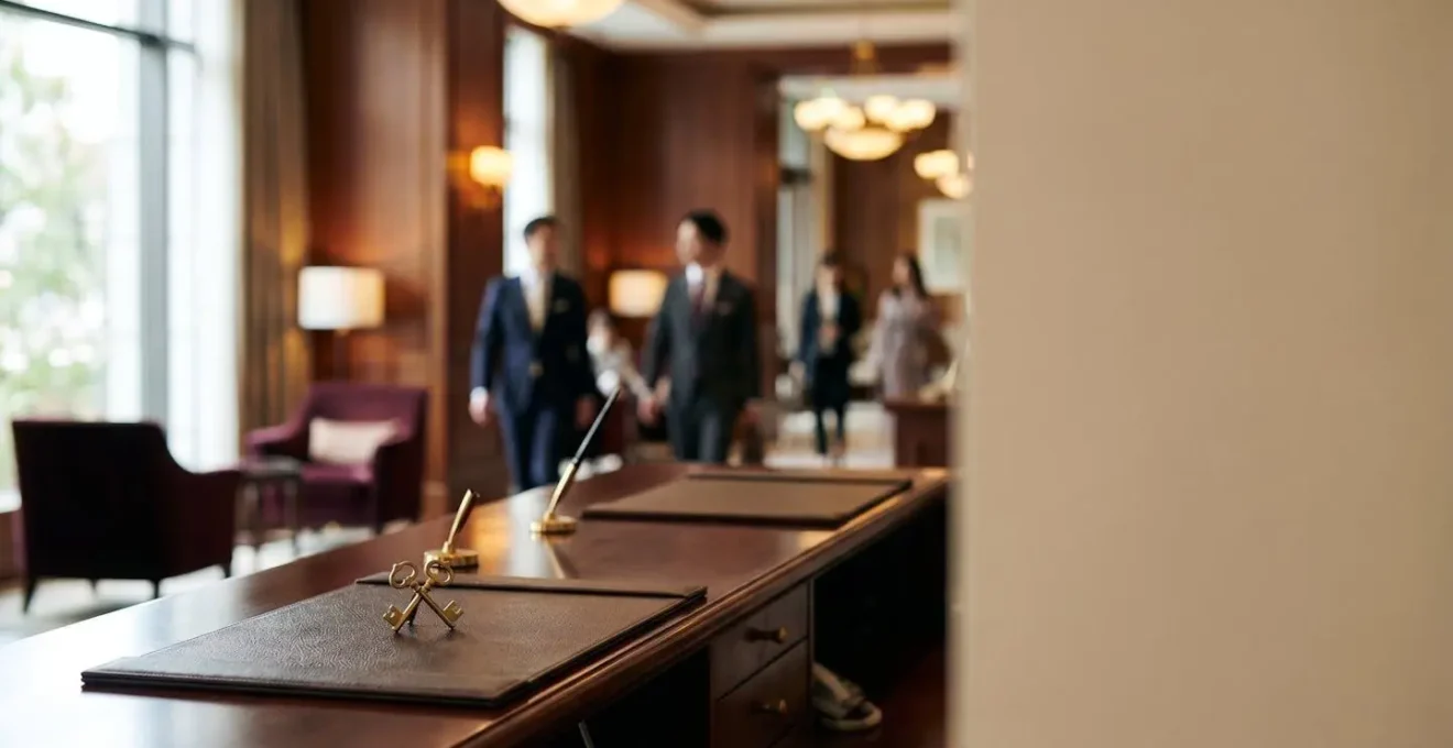 Luxury hotel concierge desk with crossed golden keys insignia in elegant lobby setting