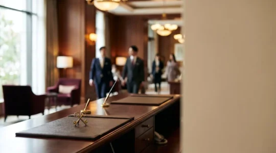 Luxury hotel concierge desk with crossed golden keys insignia in elegant lobby setting