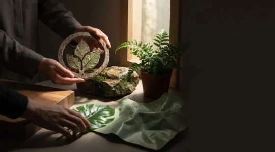 Traveler examining hotel sustainability credentials with transparency and critical evaluation