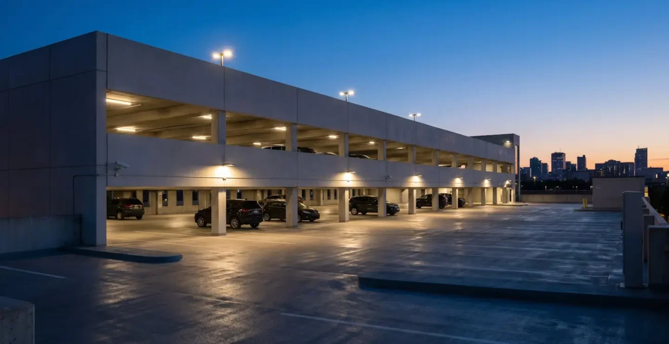 Wide-angle view of a well-lit hotel parking facility at dusk showing security features and parked vehicles