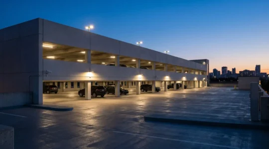 Wide-angle view of a well-lit hotel parking facility at dusk showing security features and parked vehicles