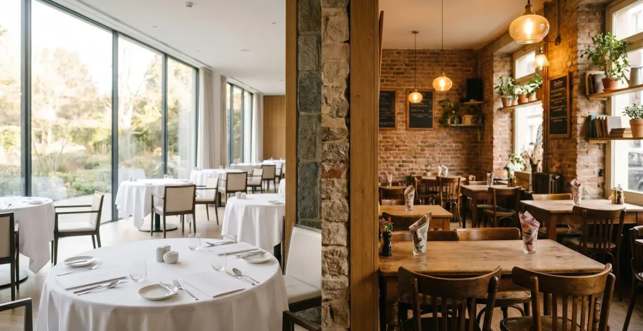 Elegant hotel restaurant interior with sophisticated table settings and natural lighting contrasted with authentic neighborhood atmosphere