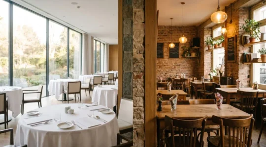 Elegant hotel restaurant interior with sophisticated table settings and natural lighting contrasted with authentic neighborhood atmosphere