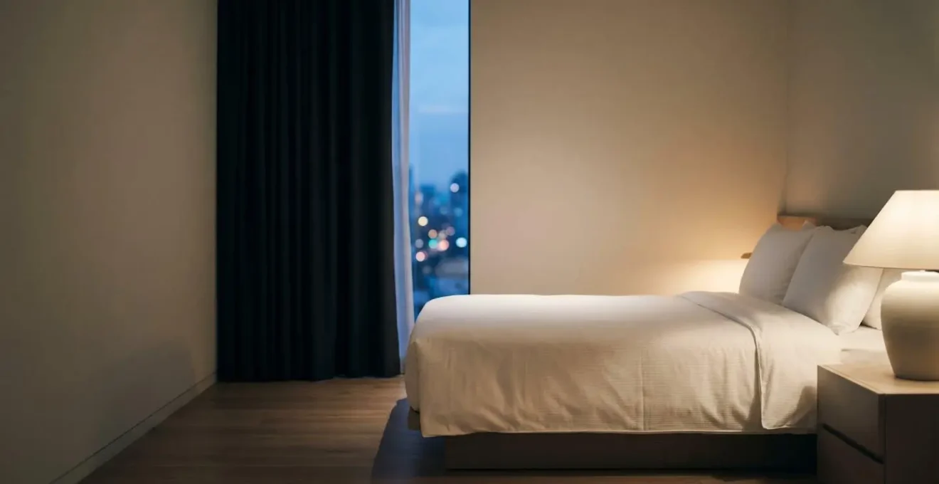 Peaceful hotel bedroom with premium bedding and blackout curtains creating ideal sleep environment