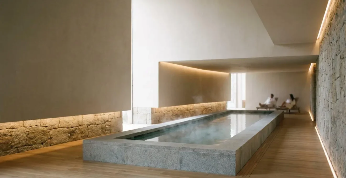 Serene hotel spa environment with natural elements promoting post-travel recovery