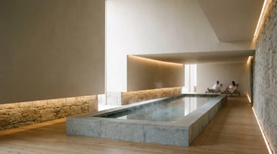 Serene hotel spa environment with natural elements promoting post-travel recovery