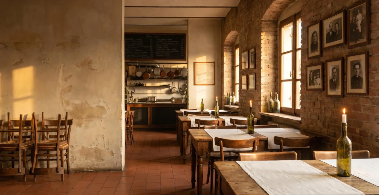 Authentic Italian family trattoria interior with warm ambient lighting and traditional decor