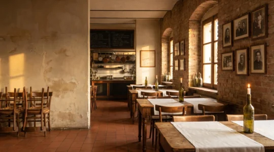 Authentic Italian family trattoria interior with warm ambient lighting and traditional decor