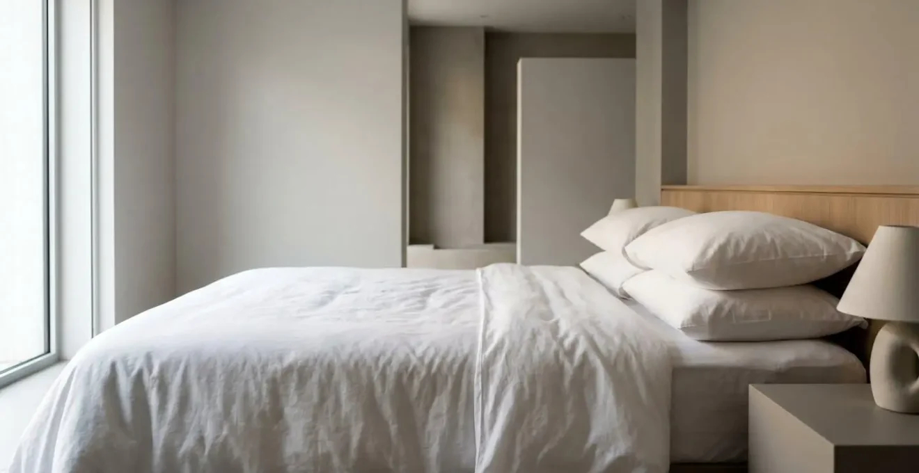 Perfectly made luxury hotel bed with crisp white linens and plush pillows bathed in soft natural window light