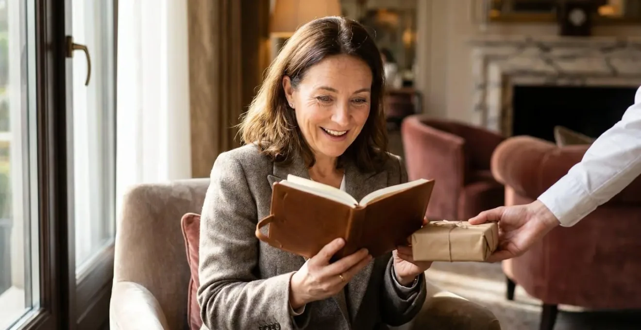 A sophisticated hotel guest experiencing a transformative moment of genuine connection in an elegant, intimate luxury hotel setting