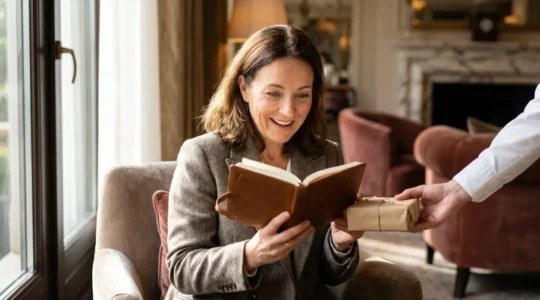 A sophisticated hotel guest experiencing a transformative moment of genuine connection in an elegant, intimate luxury hotel setting