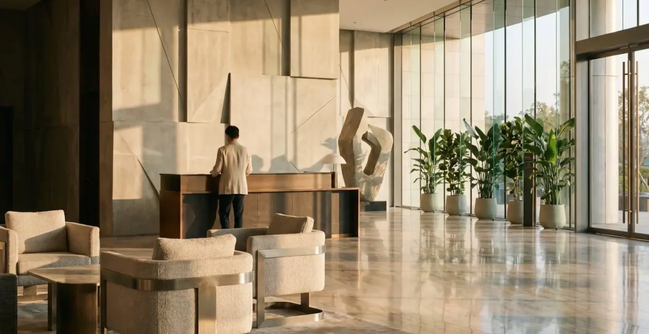 Elegant five-star hotel lobby showcasing premium materials and sophisticated design elements