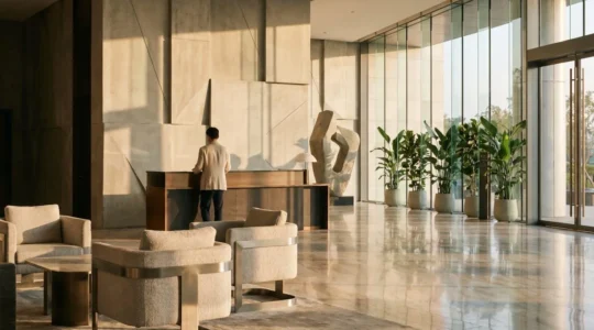 Elegant five-star hotel lobby showcasing premium materials and sophisticated design elements